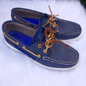 Sperry Top Sider Blue Fish Navy Wool Sequin Loafer size 7.5 Women's